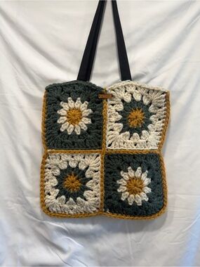 Chunky Crochet Square Tote in Green, Cream & Mustard